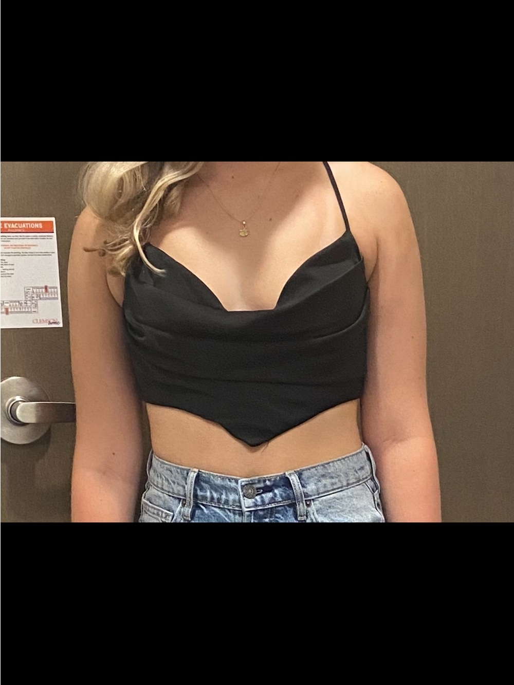 Anna Grace Black Satin Cowl-Neck Cropped Camisole. Going out top.